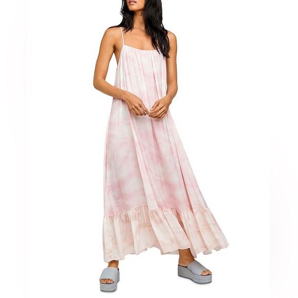 Free People Flowy Pull On Maxi Slip Dress Pink Tie Dye Flower Combo size Large - Picture 3 of 11